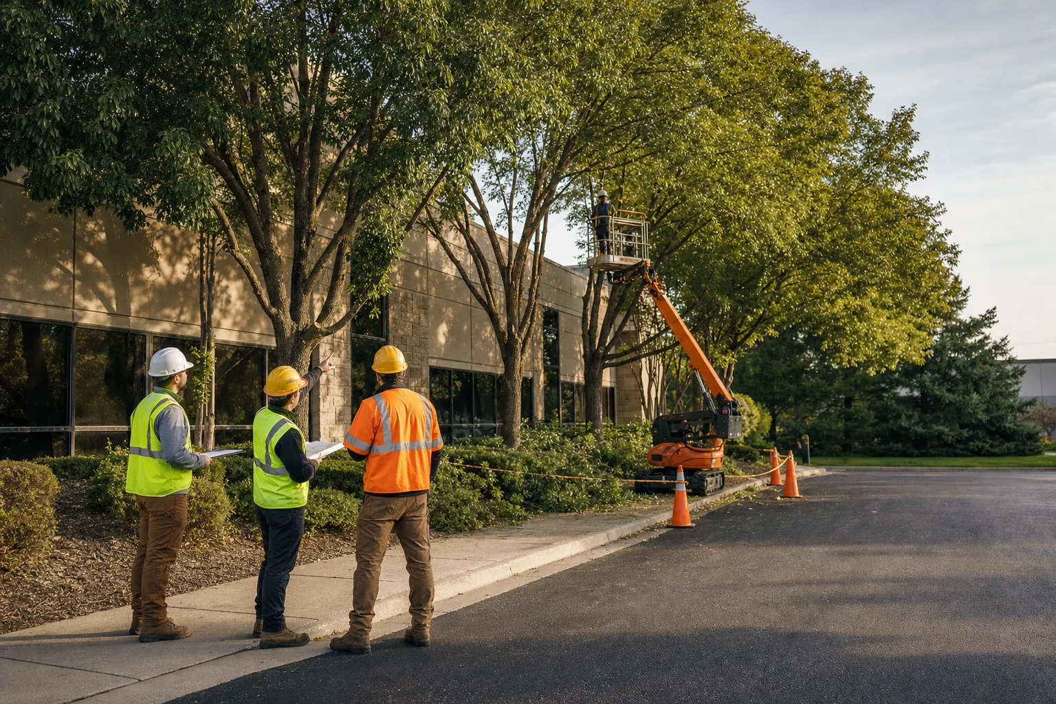 Tree-care team planning work near a commercial property