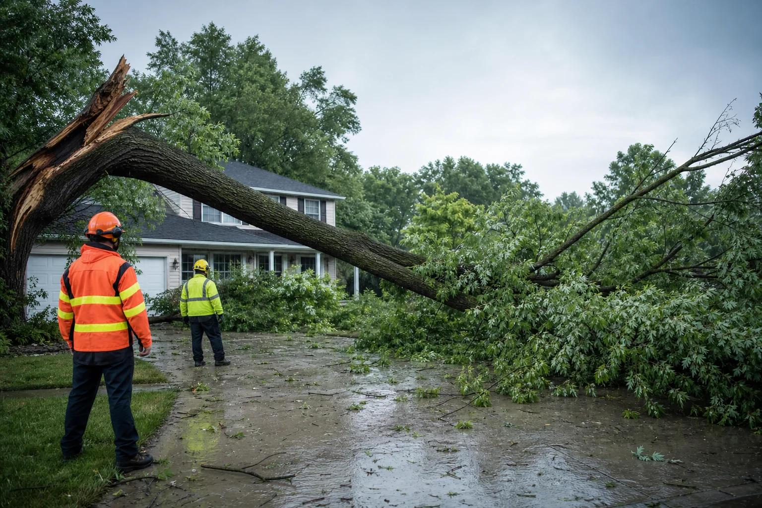 Tree-service workers assessing a storm-fallen tree from a safe distance