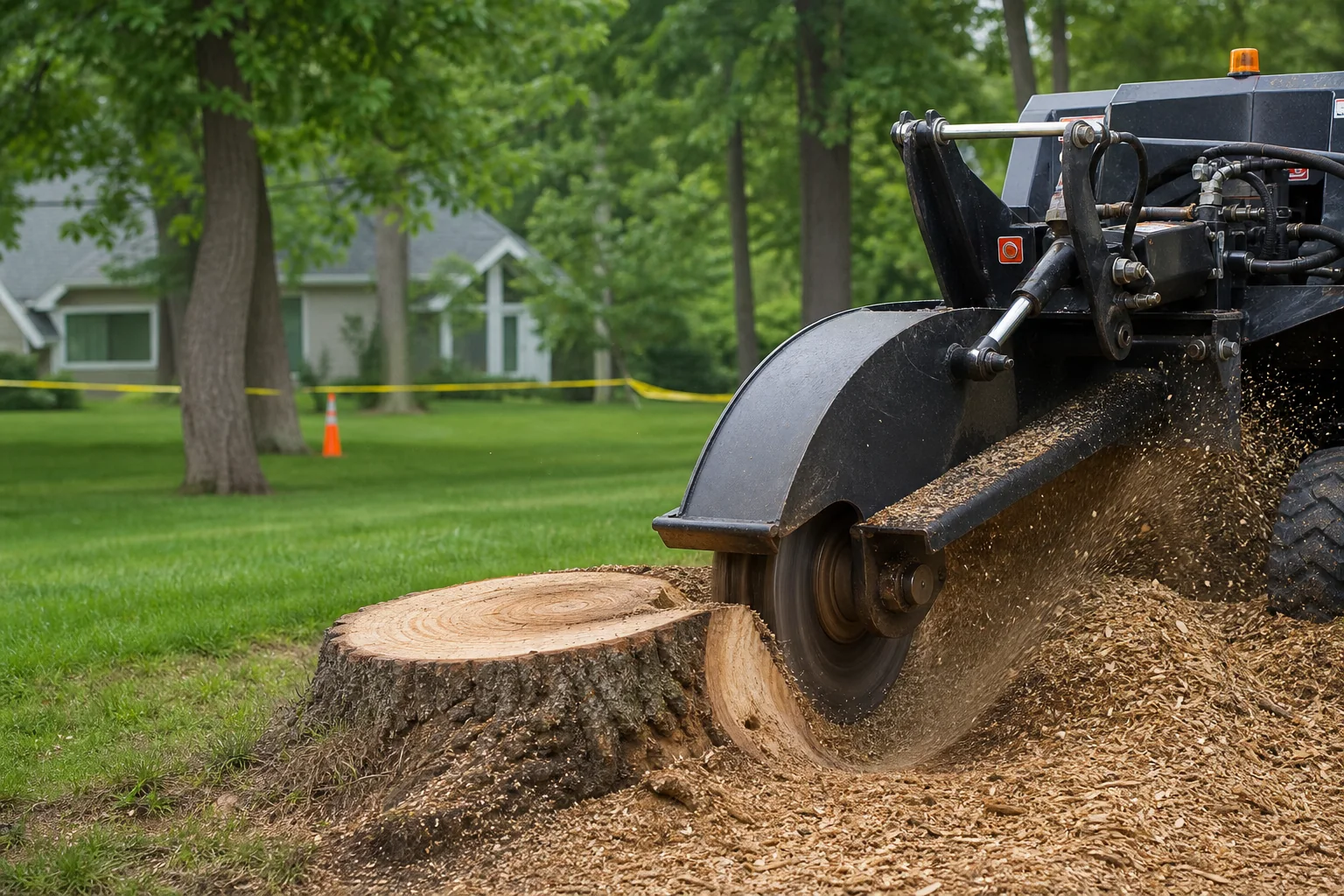 Stump grinder working on a residential tree stump within a marked work area