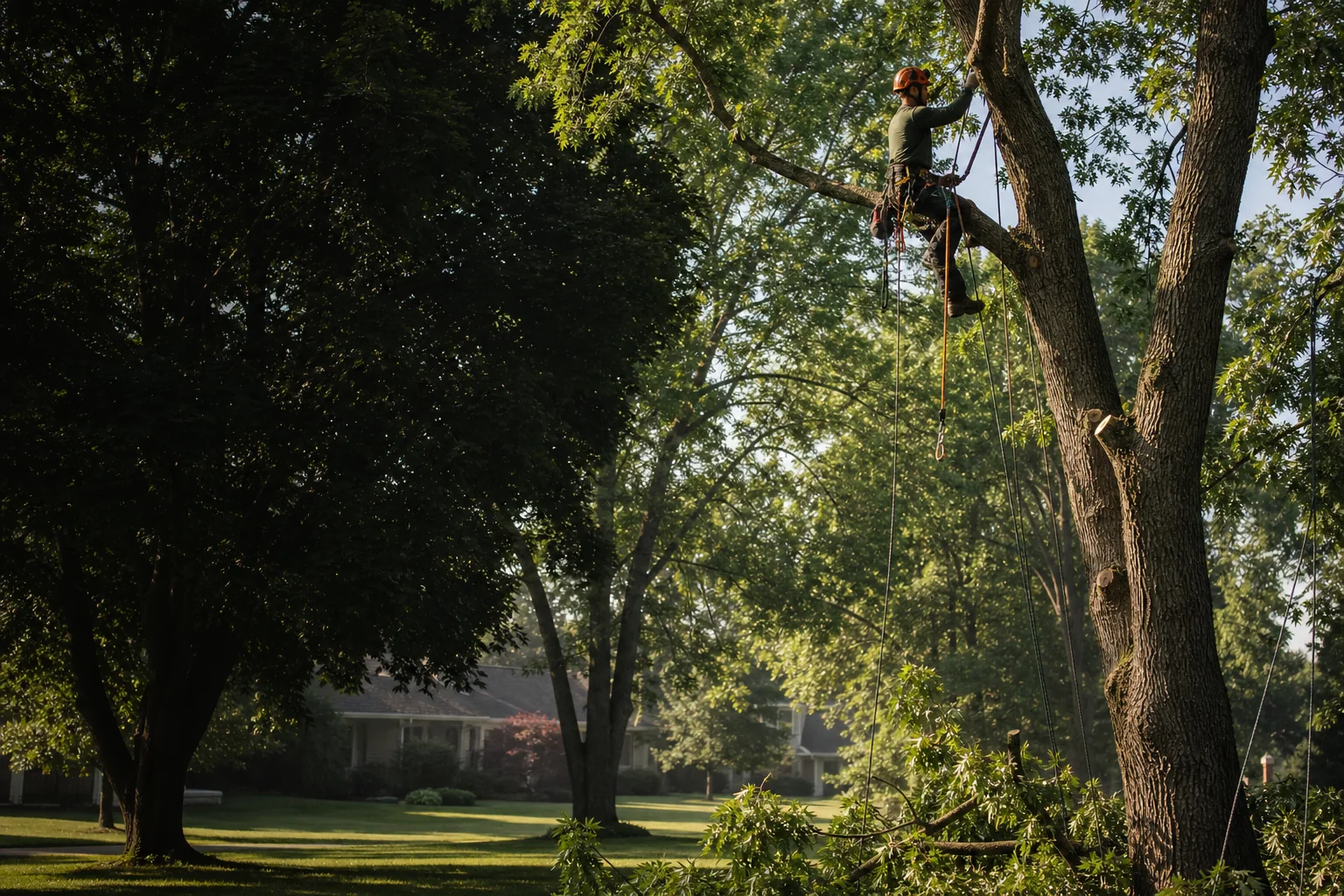Tree-care worker positioned in a mature tree during residential pruning